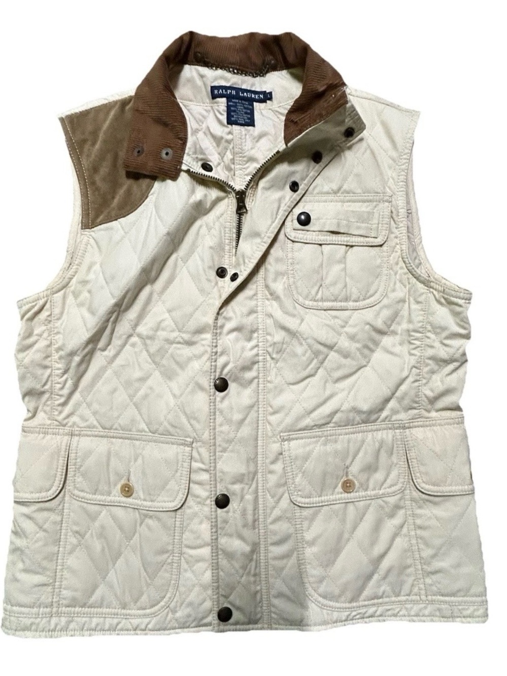 Women’s Ralph Lauren Cream Quilted Puffer Vest Brown Corduroy Collar Size Large
